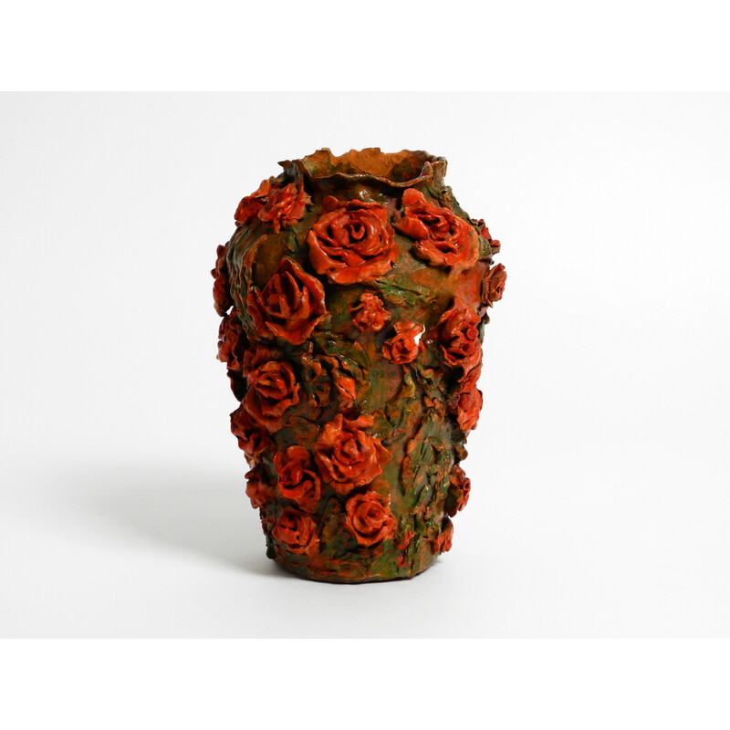 Vintage clay vase in green-brown with red roses by Rosie Fridrin Rieger June, Austria 1918