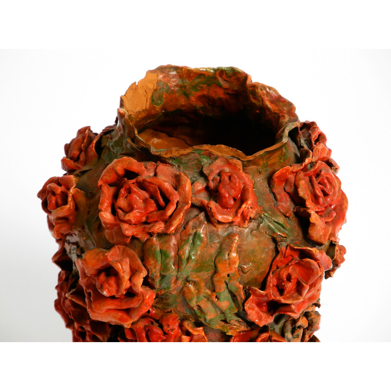 Vintage clay vase in green-brown with red roses by Rosie Fridrin Rieger June, Austria 1918