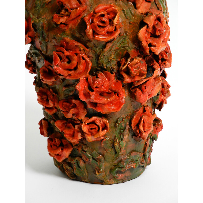 Vintage clay vase in green-brown with red roses by Rosie Fridrin Rieger June, Austria 1918