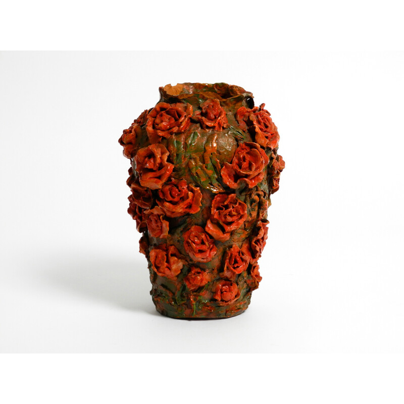 Vintage clay vase in green-brown with red roses by Rosie Fridrin Rieger June, Austria 1918