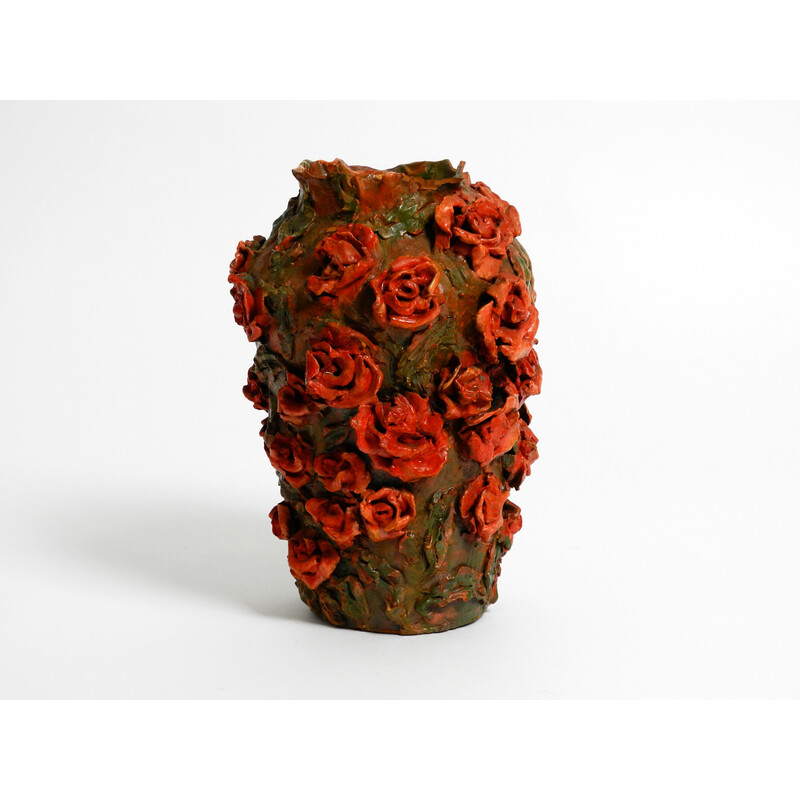 Vintage clay vase in green-brown with red roses by Rosie Fridrin Rieger June, Austria 1918