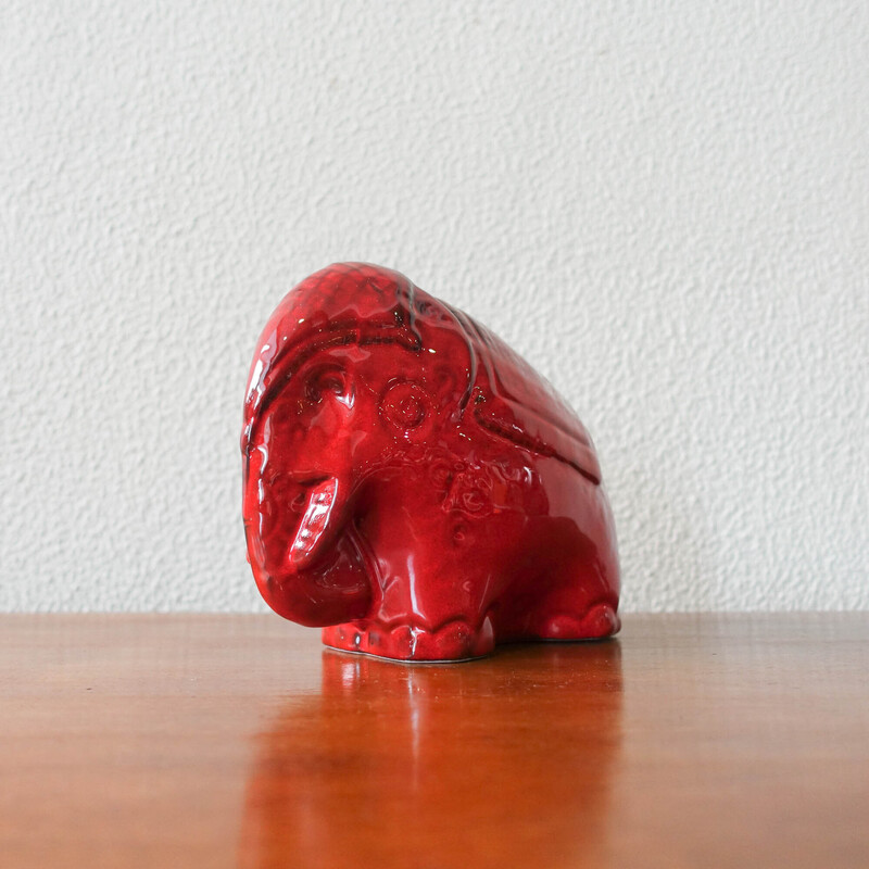 Elefante vintage de cerámica esmaltada roja, años 60