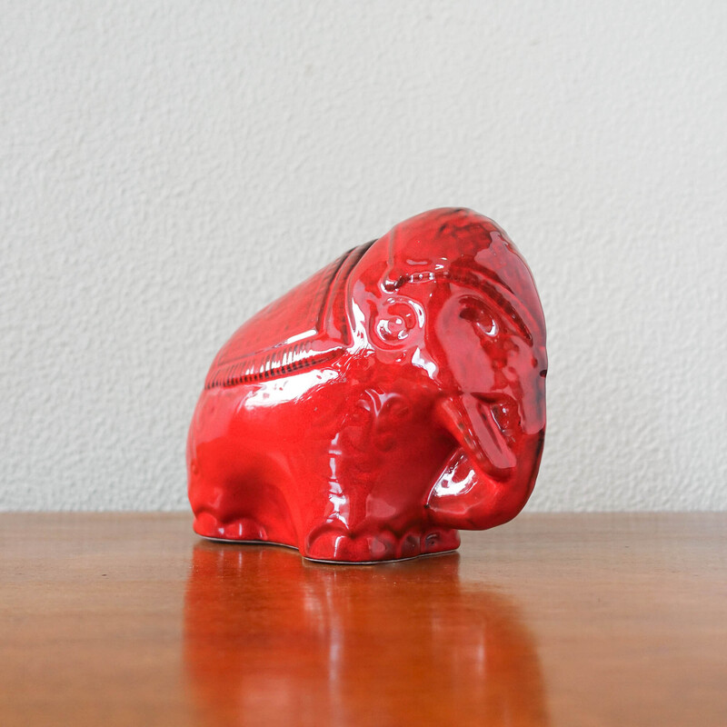 Elefante vintage de cerámica esmaltada roja, años 60