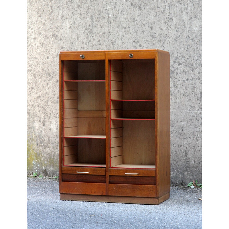 Filing cabinet with two curtains in oak - 1960s