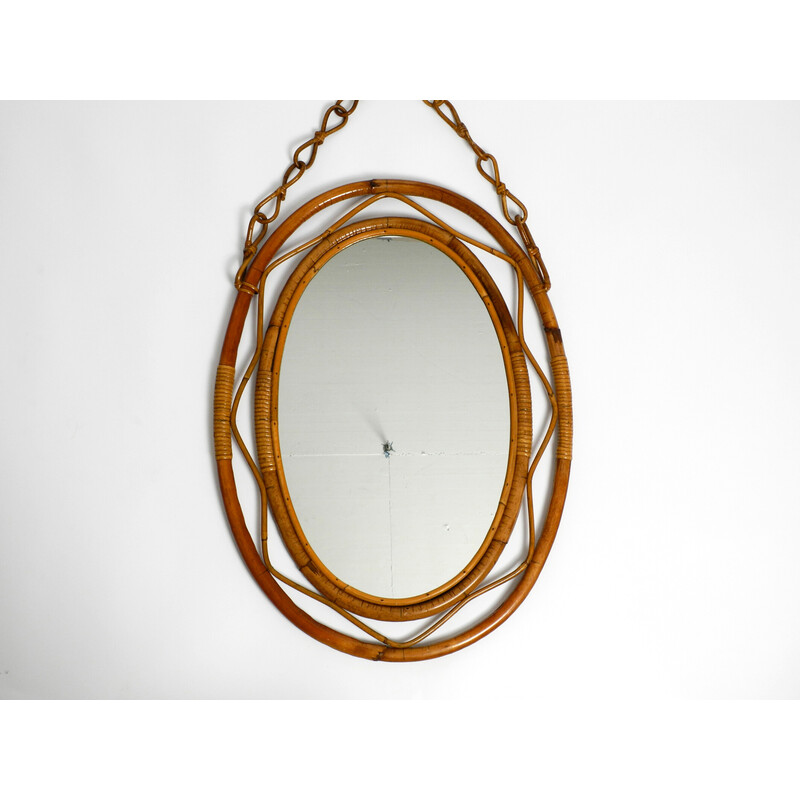 Miroir mural italien vintage ovale en bambou avec boucle, 1960