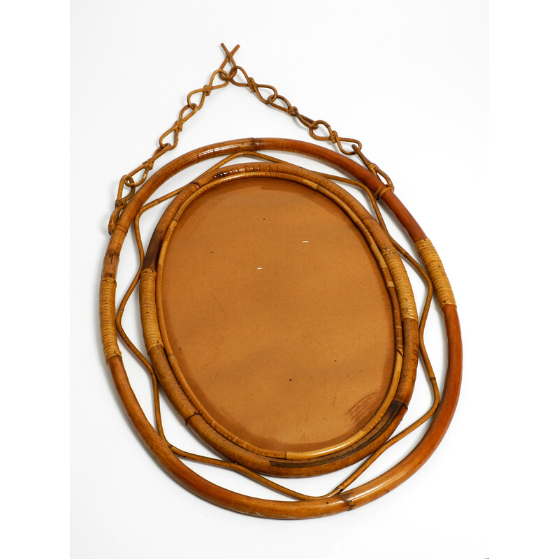 Vintage Italian oval bamboo wall mirror with loop, 1960s