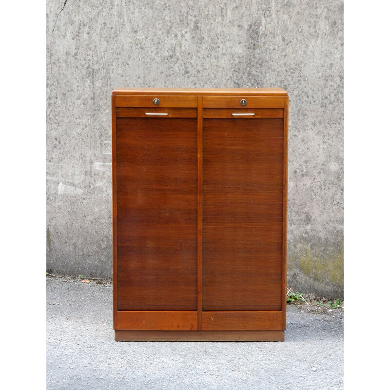 Filing cabinet with two curtains in oak - 1960s