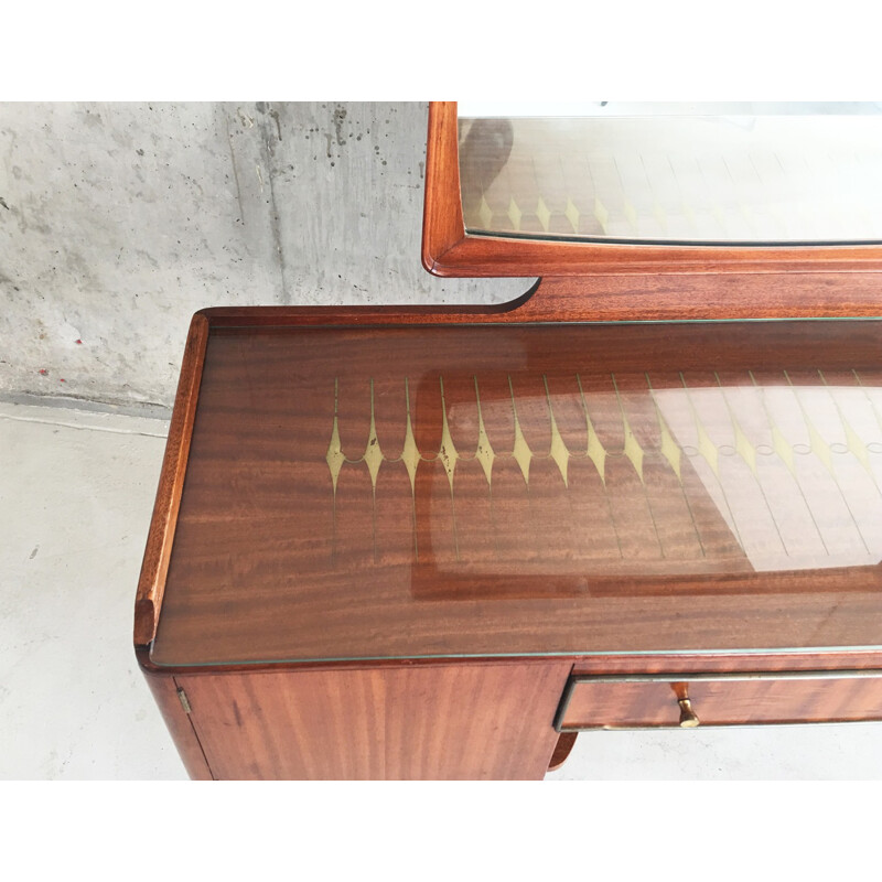 French vintage rosewood dressing table with brass detailing - 1960s