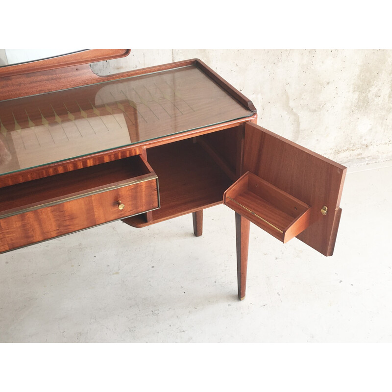 French vintage rosewood dressing table with brass detailing - 1960s