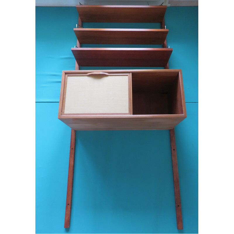 Vintage wall shelving system with teak writing case by Poul Cadovius, Denmark 1960