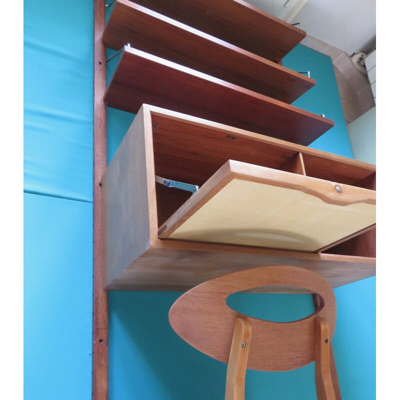 Vintage wall shelving system with teak writing case by Poul Cadovius, Denmark 1960