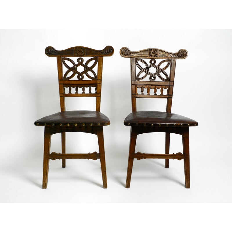Pair of vintage Art Nouveau oakwood and leather chairs, 1900