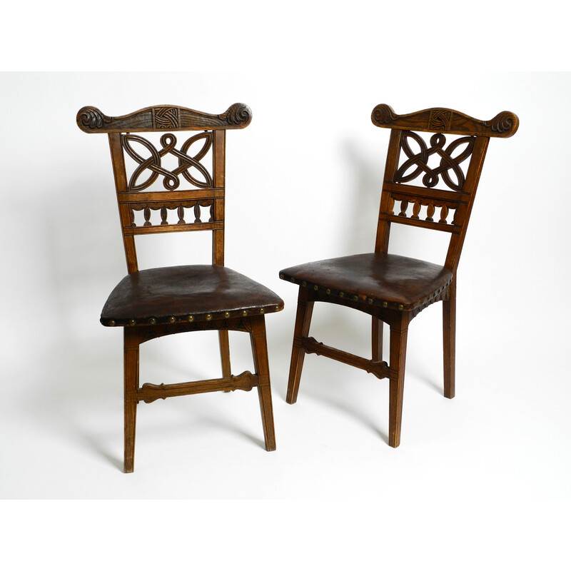 Pair of vintage Art Nouveau oakwood and leather chairs, 1900