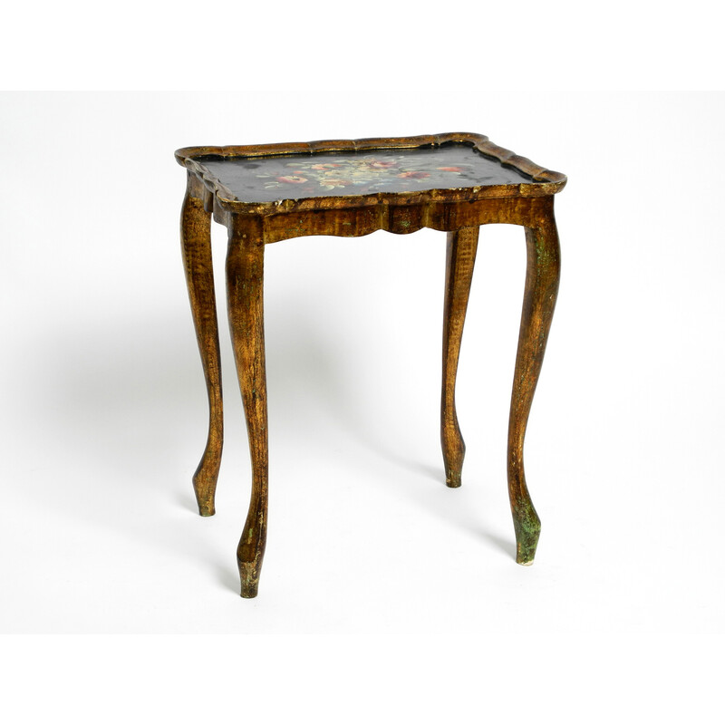 Vintage wooden side table with a gilded frame and hand-painted surface, 1900