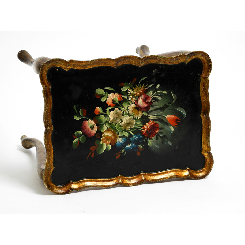 Vintage wooden side table with a gilded frame and hand-painted surface, 1900