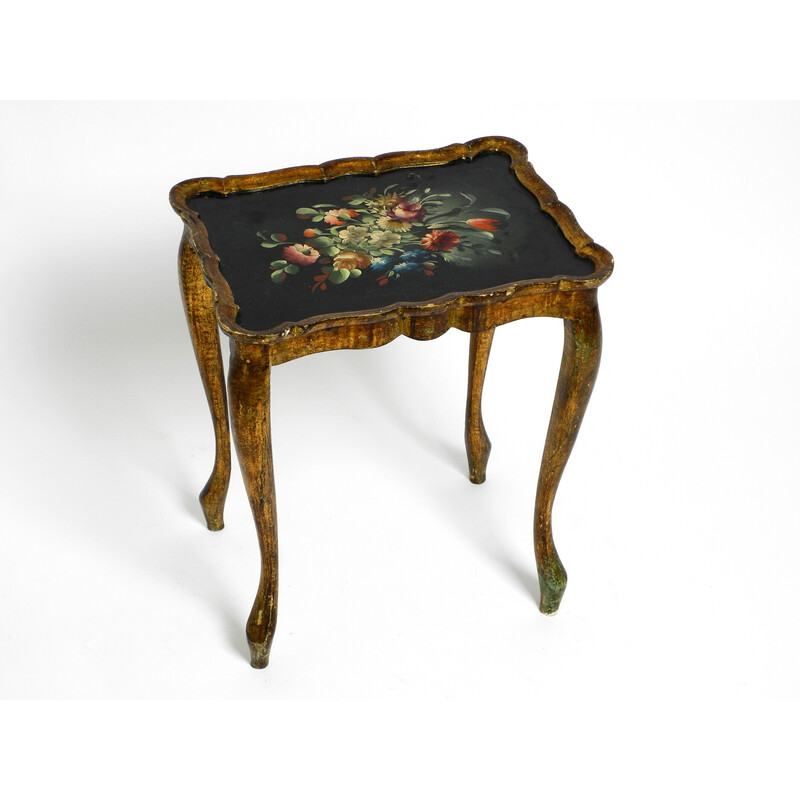 Vintage wooden side table with a gilded frame and hand-painted surface, 1900