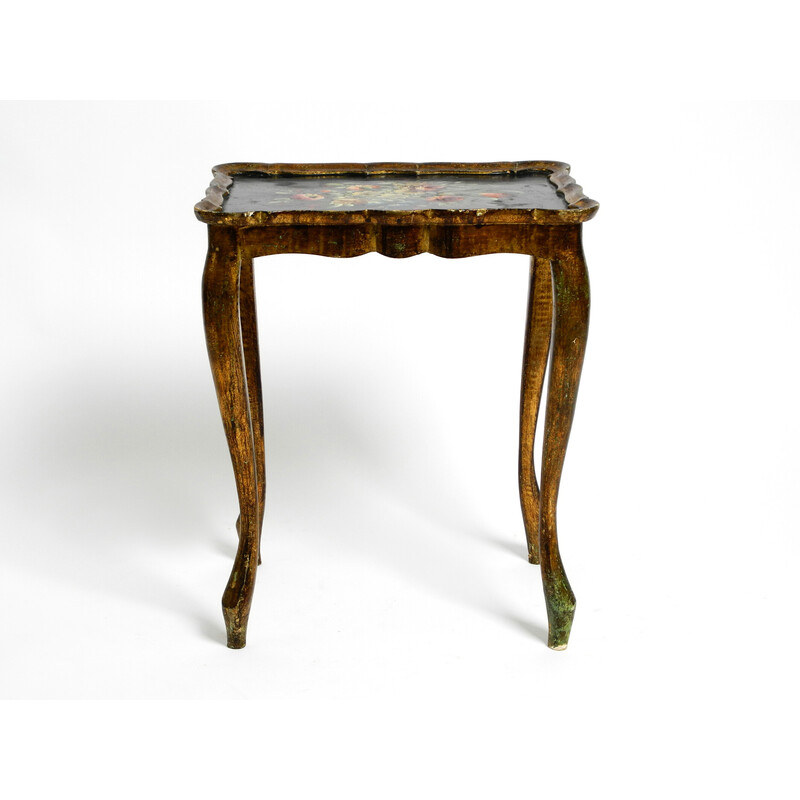 Vintage wooden side table with a gilded frame and hand-painted surface, 1900