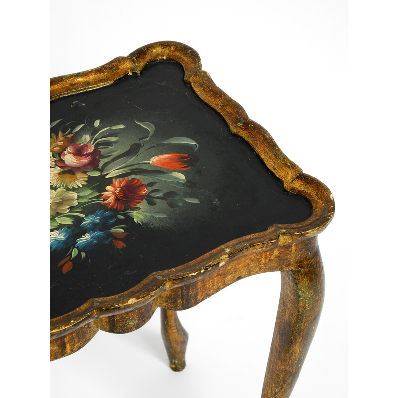 Vintage wooden side table with a gilded frame and hand-painted surface, 1900