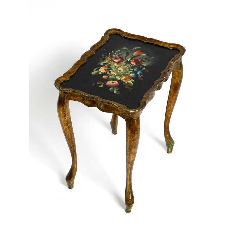 Vintage wooden side table with a gilded frame and hand-painted surface, 1900