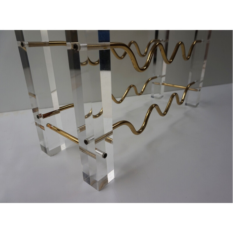 Vintage acrylic lucite and gold brass bar rack with tray, 1970s