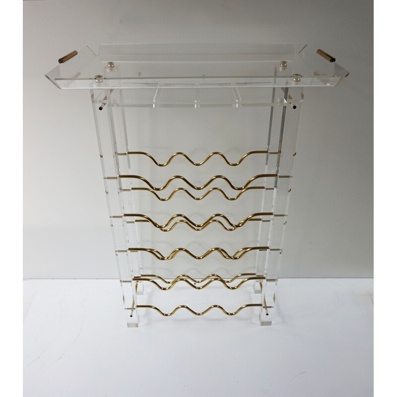 Vintage acrylic lucite and gold brass bar rack with tray, 1970s