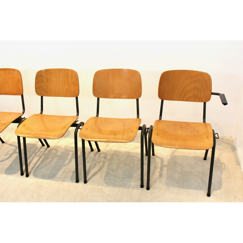 Vintage industrial plywood stackable school 4-chair bench by Marko Holland, 1960s