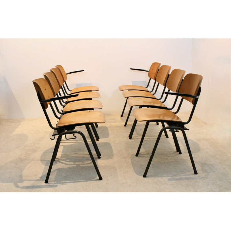 Banco vintage industrial apilable de madera contrachapada para escuela de 4 sillas de Marko Holland, años 60