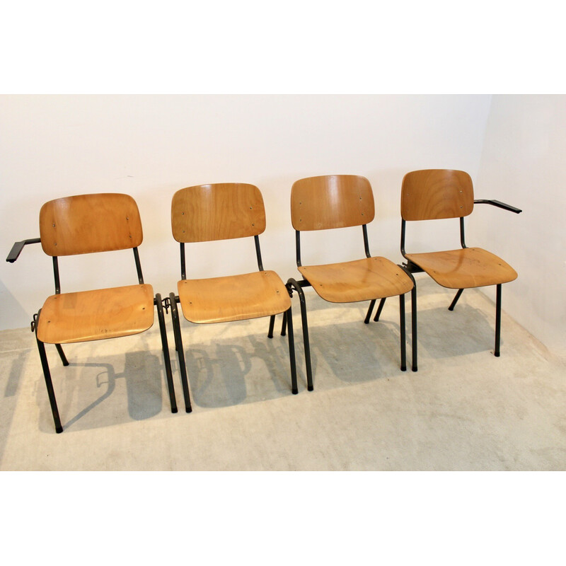 Vintage industrial plywood stackable school 4-chair bench by Marko Holland, 1960s