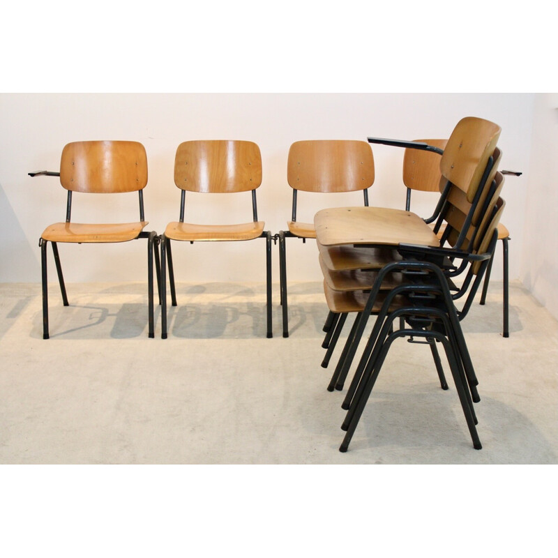 Vintage industrial plywood stackable school 4-chair bench by Marko Holland, 1960s