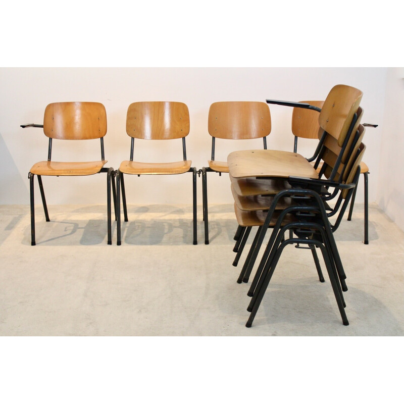 Vintage industriële multiplex stapelbare schoolbank met 4 stoelen van Marko Holland, 1960