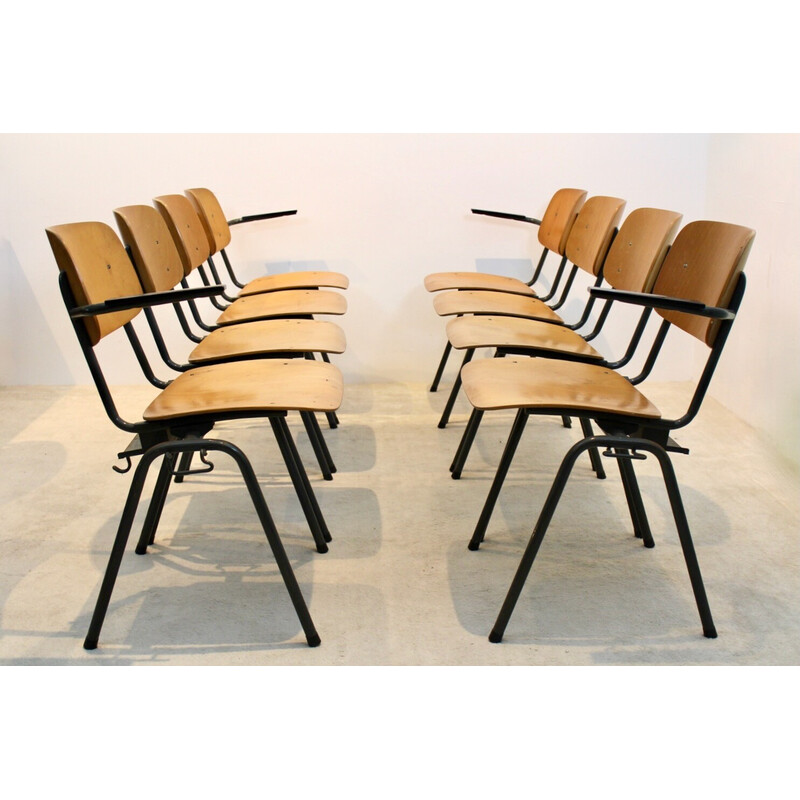 Banc de 4 chaises d'école empilables industriel vintage en contreplaqué par Marko Holland, 1960