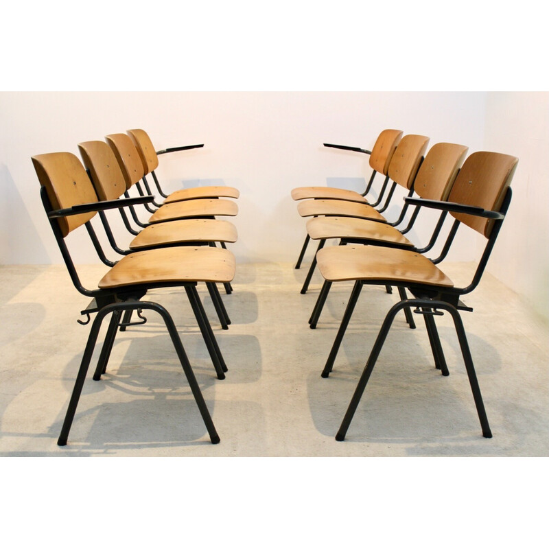 Vintage industrial plywood stackable school 4-chair bench by Marko Holland, 1960s