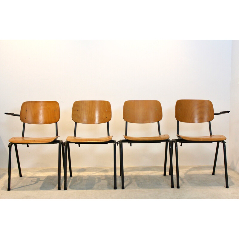 Vintage industriële multiplex stapelbare schoolbank met 4 stoelen van Marko Holland, 1960