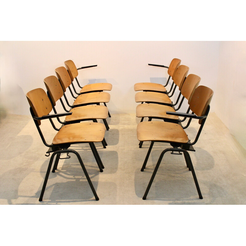 Banco vintage industrial apilable de madera contrachapada para escuela de 4 sillas de Marko Holland, años 60