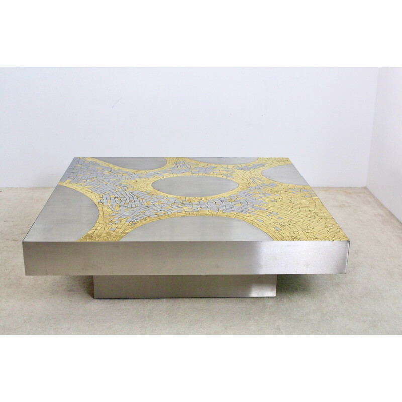 Vintage stainless steel and brass coffee table by Jean Claude Dresse, Belgium 1970