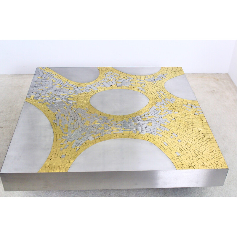 Vintage stainless steel and brass coffee table by Jean Claude Dresse, Belgium 1970