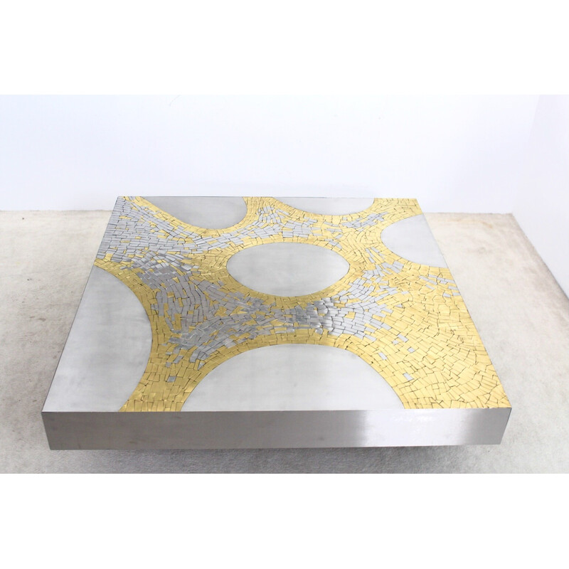 Vintage stainless steel and brass coffee table by Jean Claude Dresse, Belgium 1970