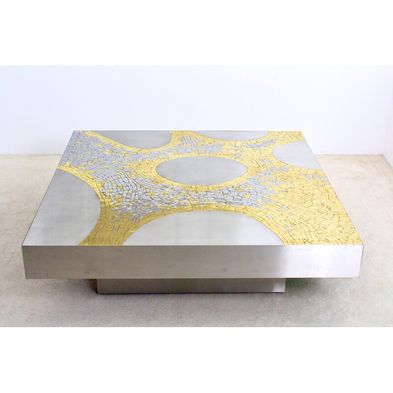 Vintage stainless steel and brass coffee table by Jean Claude Dresse, Belgium 1970