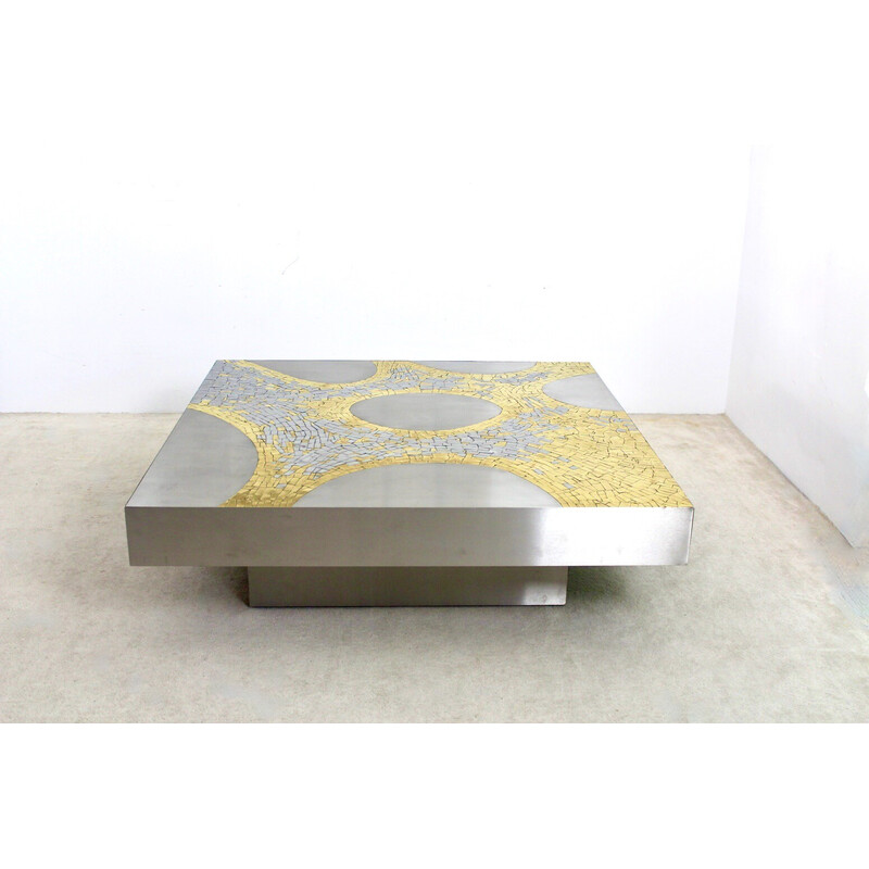 Vintage stainless steel and brass coffee table by Jean Claude Dresse, Belgium 1970
