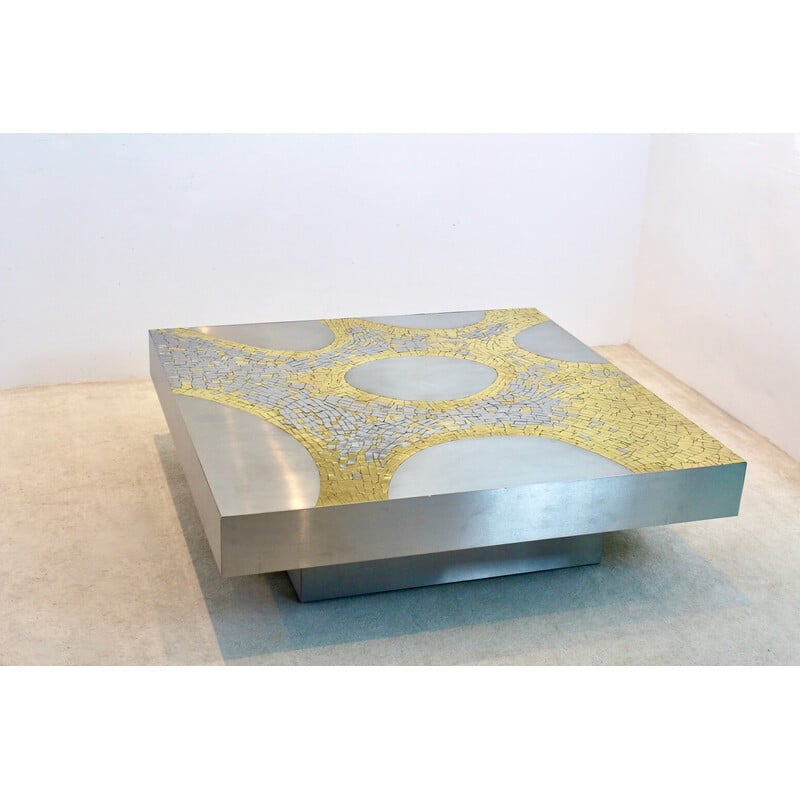 Vintage stainless steel and brass coffee table by Jean Claude Dresse, Belgium 1970