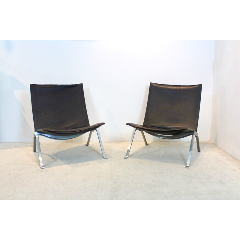 Pareja de sillones vintage Pk22 de cuero marrón de Poul Kjærholm para Fritz Hansen, Dinamarca años 80