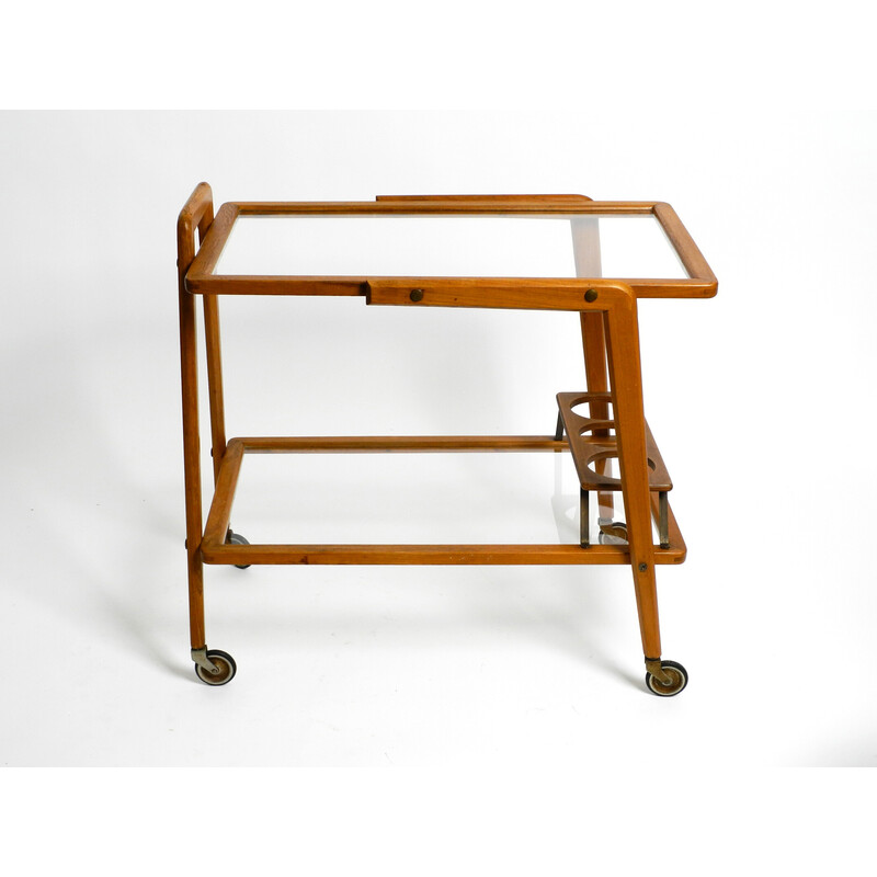 Italian mid century bar trolley in oakwood and glass shelves