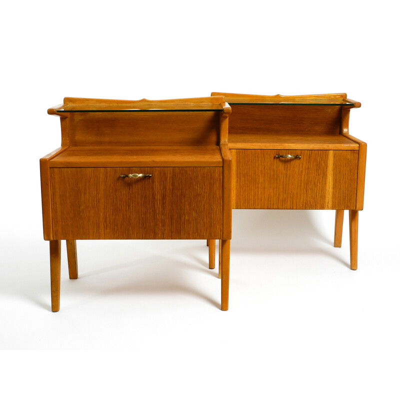 Pair of mid century Italian night stands in oakwood with teak veneer and glass one shelf