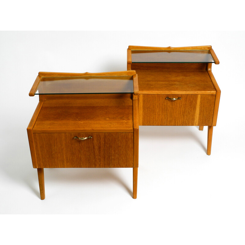 Pair of mid century Italian night stands in oakwood with teak veneer and glass one shelf