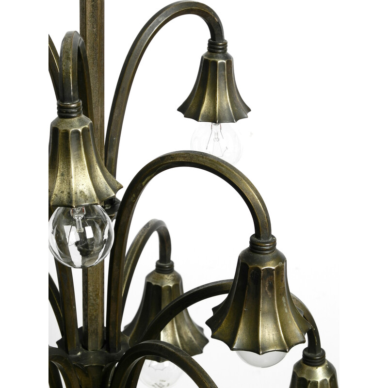 Italian vintage silver plated brass 9 socket chandelier, 1930s