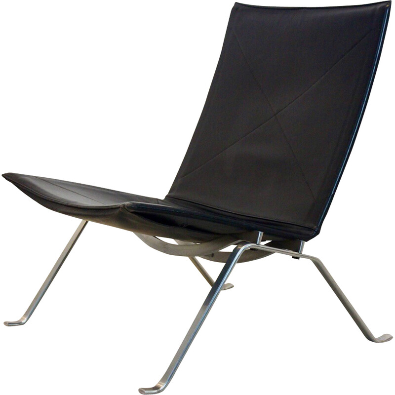 Cadeirão em couro preto Vintage Pk22 de Poul Kjærholm para Fritz Hansen, Dinamarca 1993