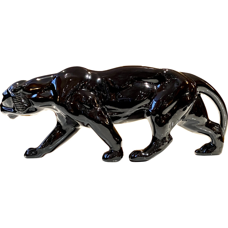 Vintage black ceramic tiger, France 1950