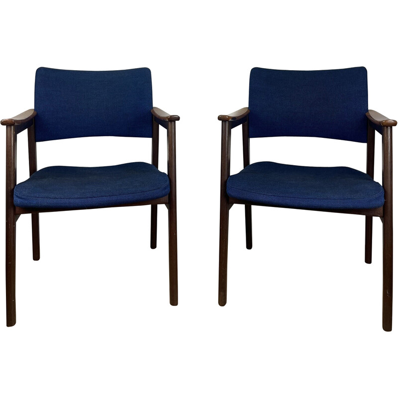 Pair of vintage Scandinavian solid wood and blue fabric armchairs, 1960