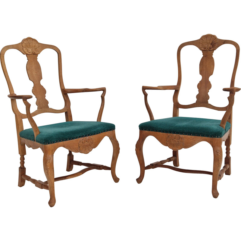 Pair of vintage Danish armchairs in oak wood and green velour, 1960s