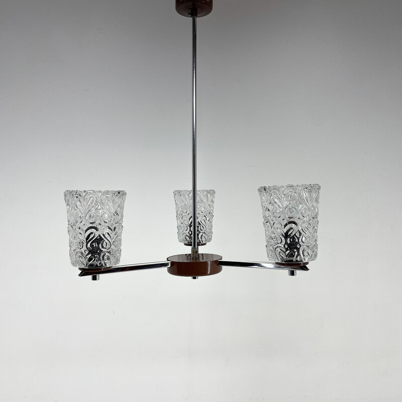 Vintage chrome and glass chandelier, Czechoslovakia 1970s